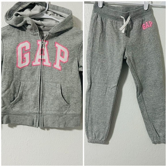 GAP Kids Girls Size Small 6-7 Gray & Pink Jogger Sweatpants Set Full Zip Hoodie - Picture 1 of 15